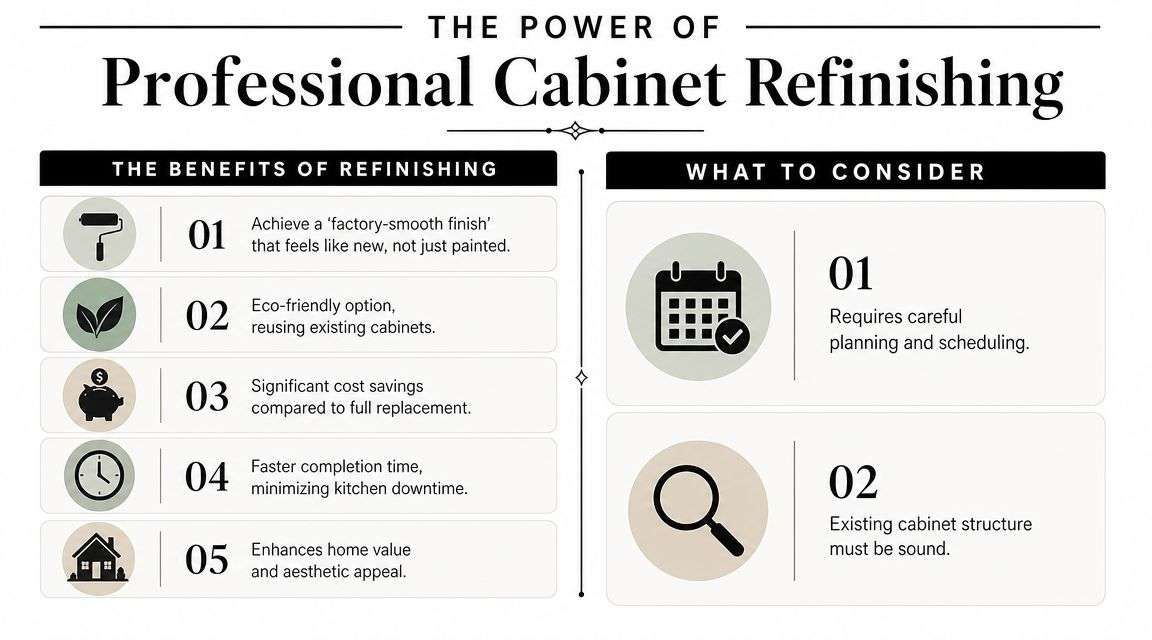 An infographic outlining the key benefits and considerations of professional kitchen cabinet refinishing services.