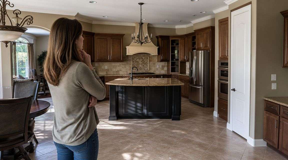 A woman stands in a spacious, modern kitchen considering remodeling design options for her home renovation project.