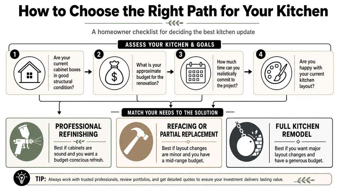 A flowchart infographic titled How to Choose the Right Path for Your Kitchen renovation project.