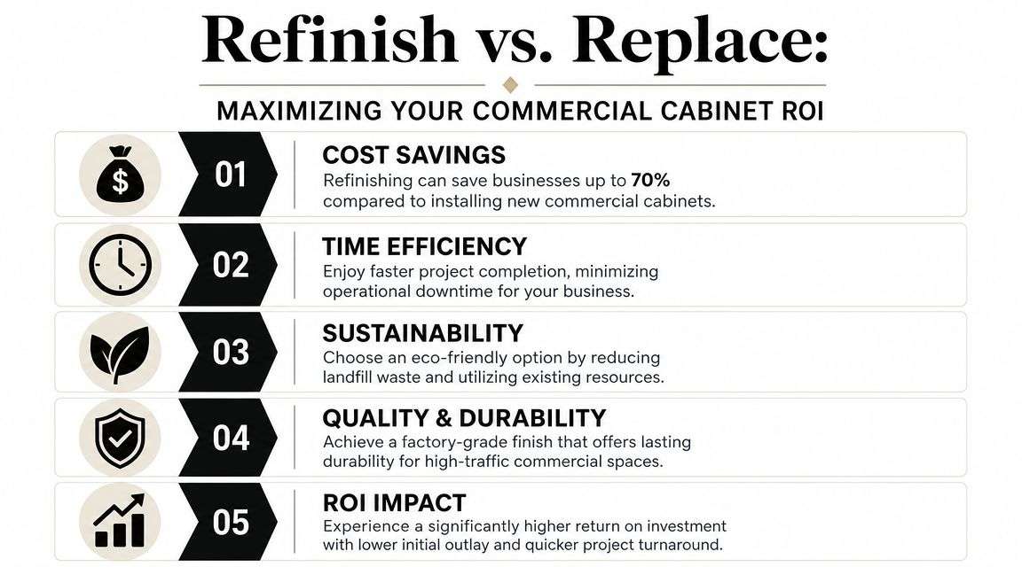 image 6 Commercial Cabinet Refinishing Florida: Costs & Benefits If you're managing apartments, condos, hotels, assisted living units, or office breakrooms in Florida, you already know the problem. Cabinets can make an otherwise clean space look dated fast. The finish gets dull, corners chip, doors show grease and wear, and suddenly the whole unit feels older than it is. Refinish vs Replace Analyzing Your ROI