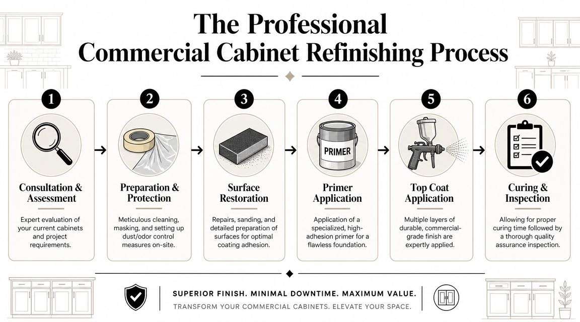 image 7 Commercial Cabinet Refinishing Florida: Costs & Benefits If you're managing apartments, condos, hotels, assisted living units, or office breakrooms in Florida, you already know the problem. Cabinets can make an otherwise clean space look dated fast. The finish gets dull, corners chip, doors show grease and wear, and suddenly the whole unit feels older than it is. The Professional Refinishing Process and Timeline