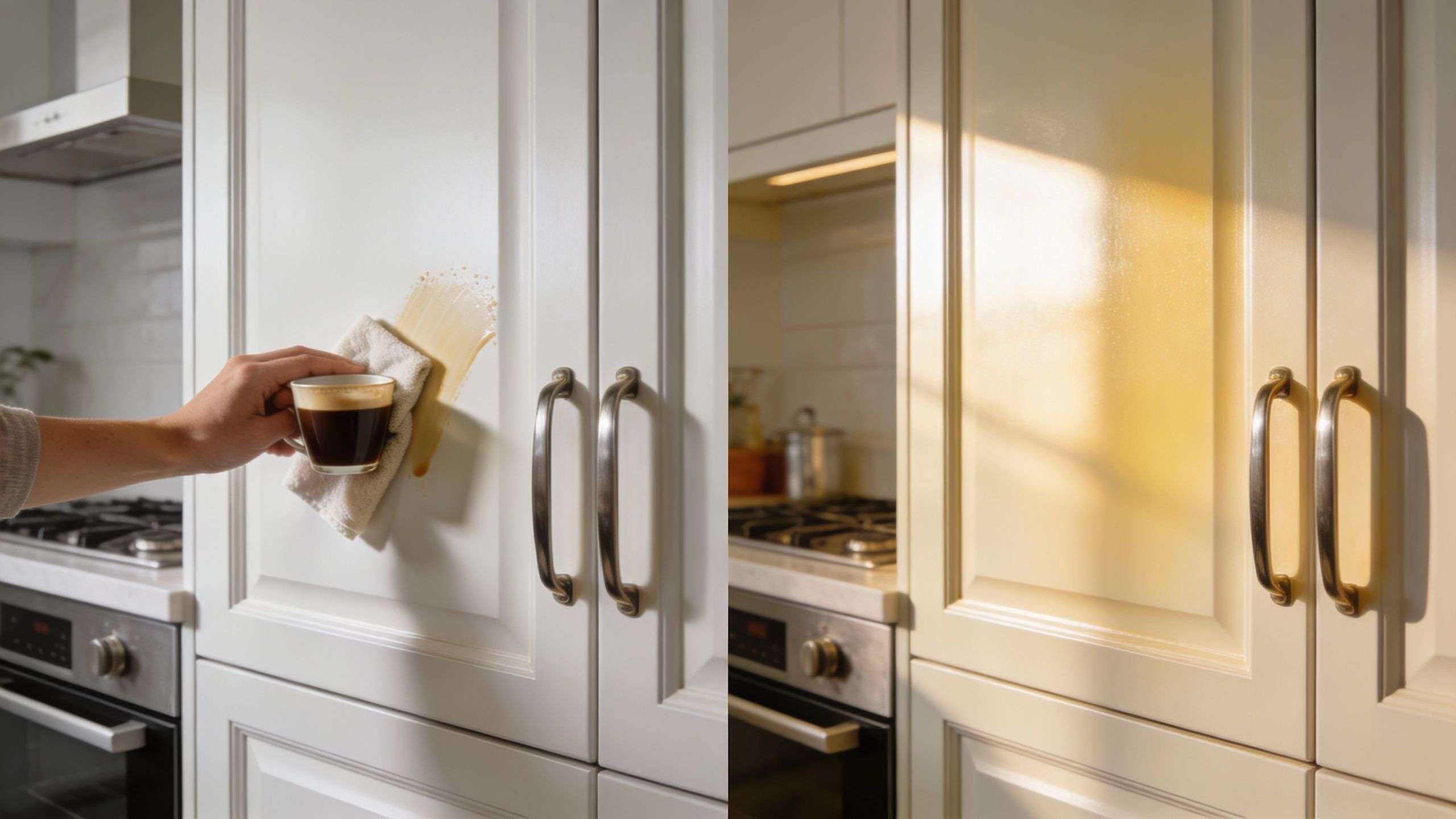 A split-screen comparison showing a person cleaning coffee from a white cabinet versus a stained finish.