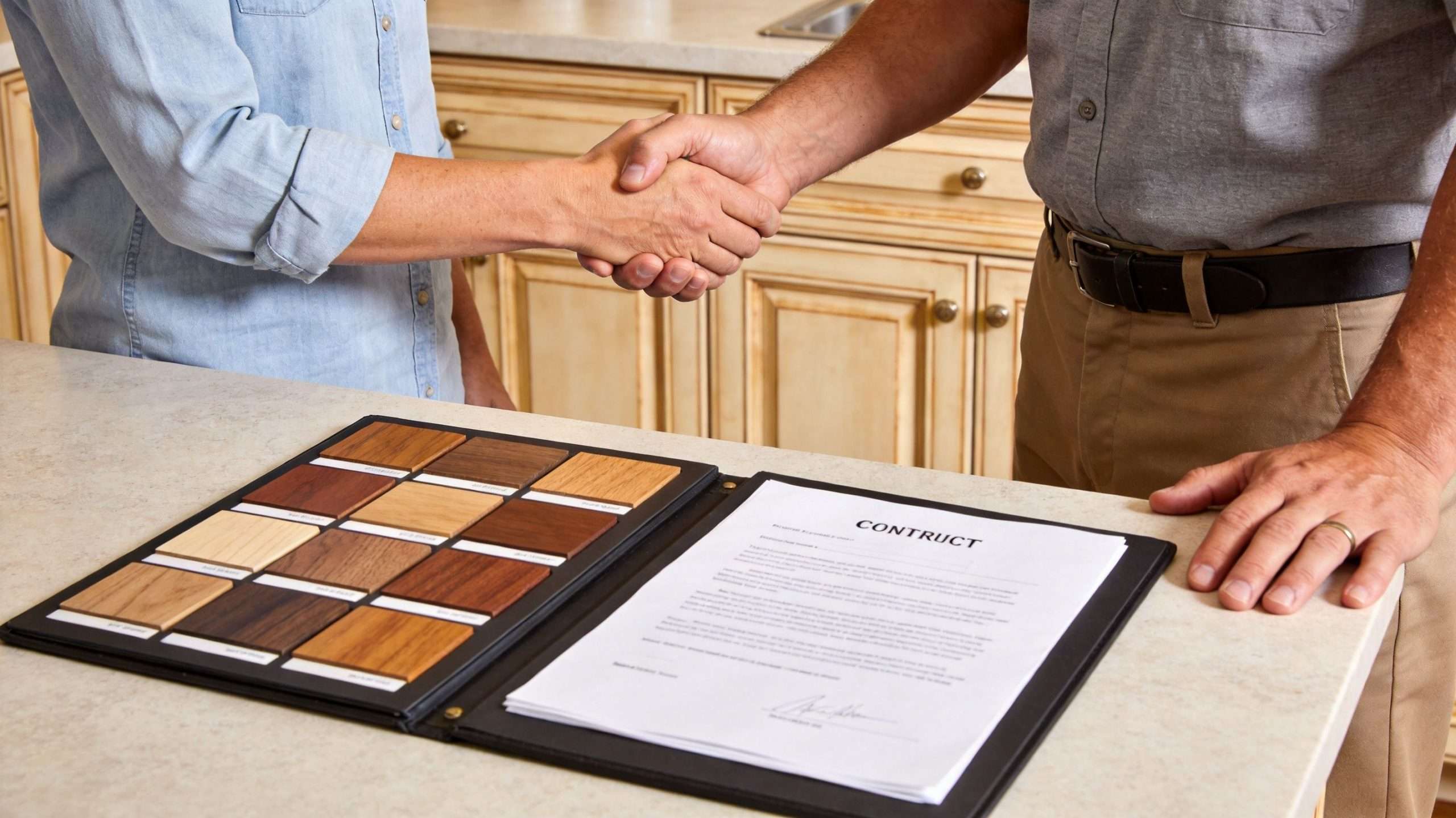 A contractor and a homeowner shaking hands over a contract and wood finish samples on a countertop.