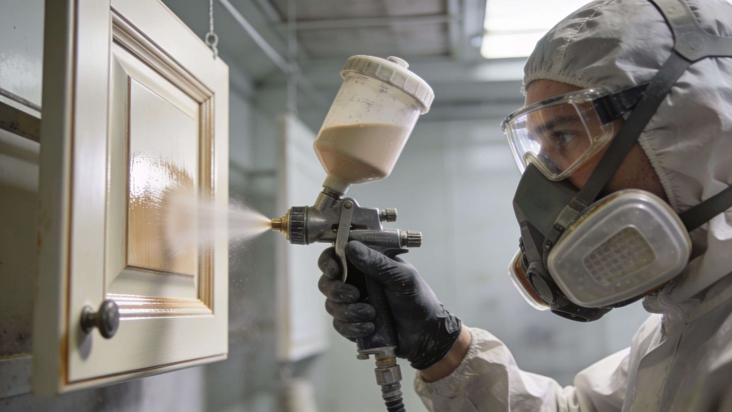 A professional painter wearing protective gear spraying a polyurethane finish onto a wooden cabinet door.