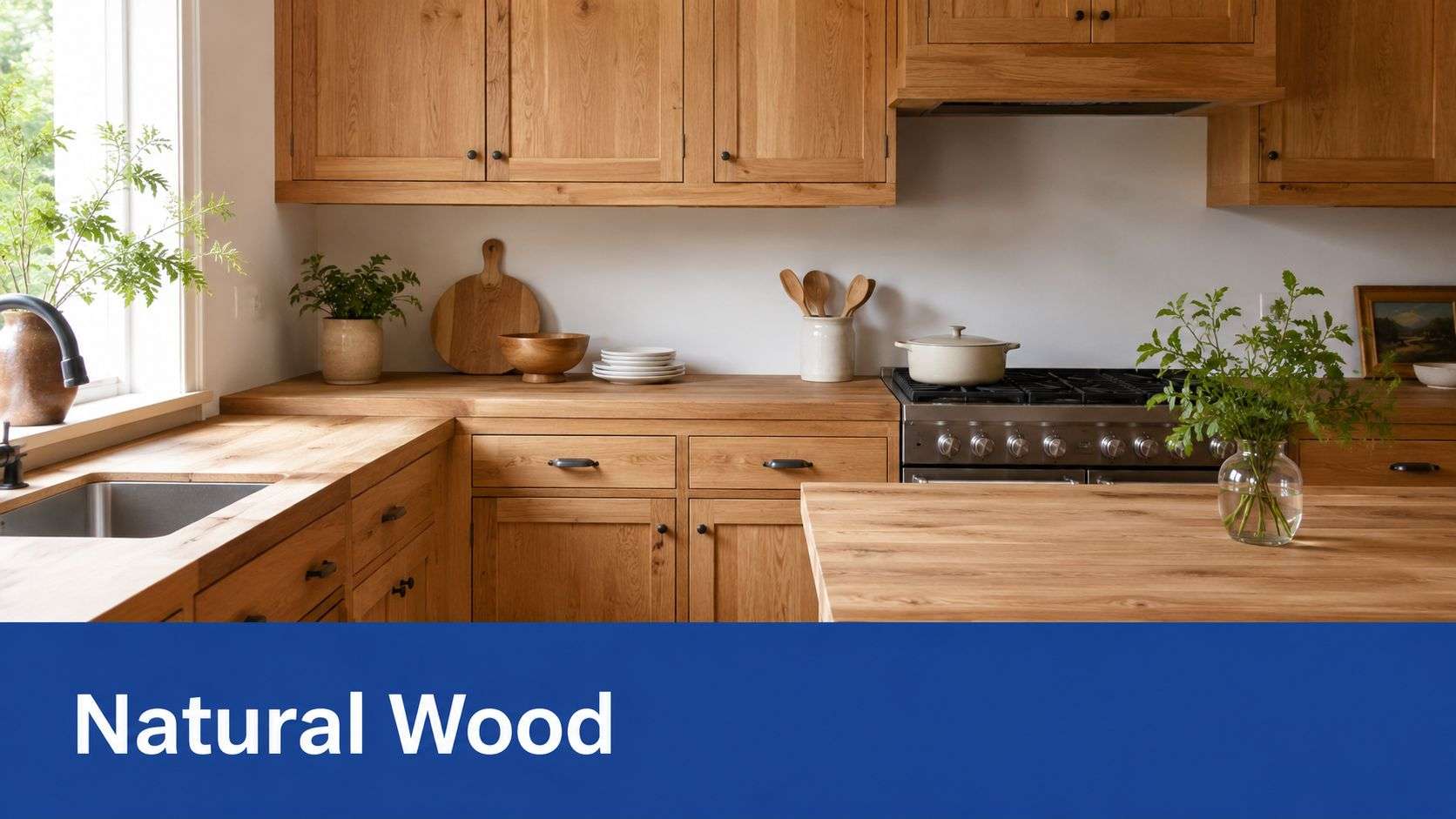 A beautiful kitchen featuring warm natural wood cabinetry and countertops with fresh green plants and kitchenware.